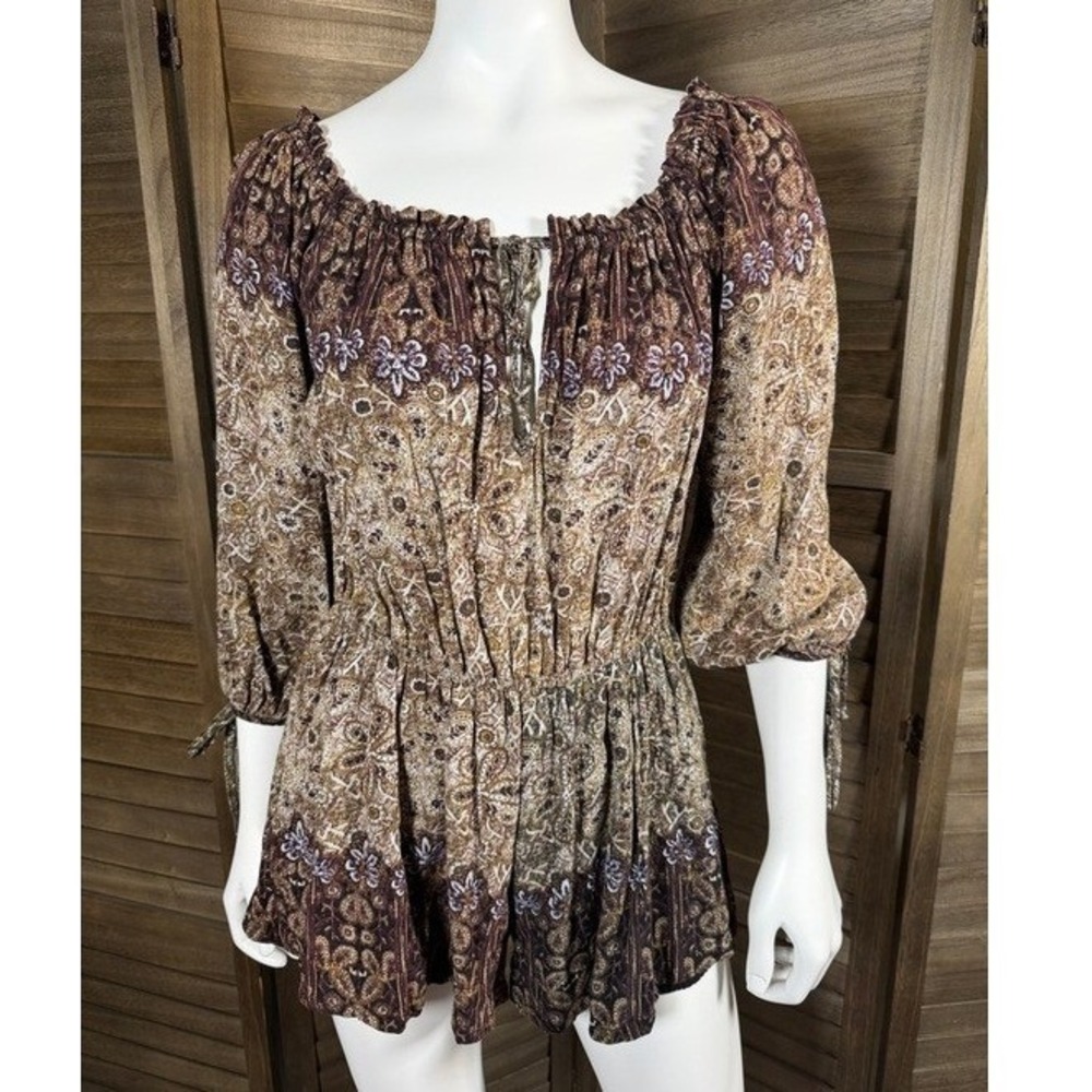 Free People Brown Paisley Floral Boho Romper 3/4 Sleeve Tie‎ Cuff Small - Picture 3 of 10